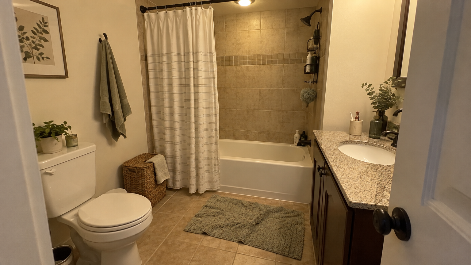 Baño doméstico corriente con inodoro, bañera con cortina de ducha y mueble de lavabo