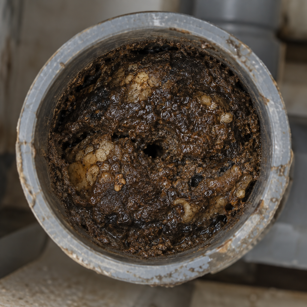 Tubería de desagüe casi totalmente cerrada por la acumulación