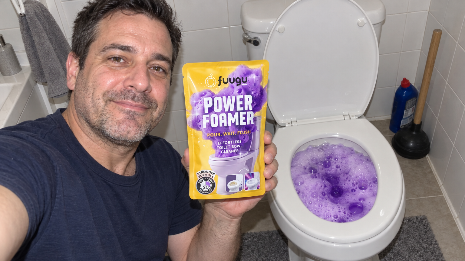 Hombre haciéndose un selfi con un sobre de Fuugu junto a su inodoro lleno de espuma morada, con un desatascador y un limpiador de desagües en la esquina