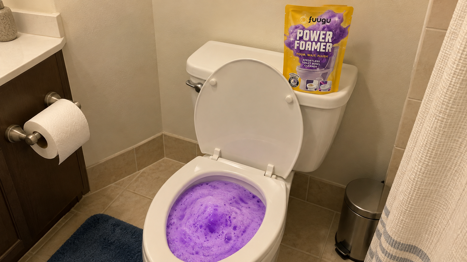 Espuma morada de Fuugu subiendo dentro de la taza de un inodoro doméstico, con el sobre de Fuugu sobre la tapa de la cisterna